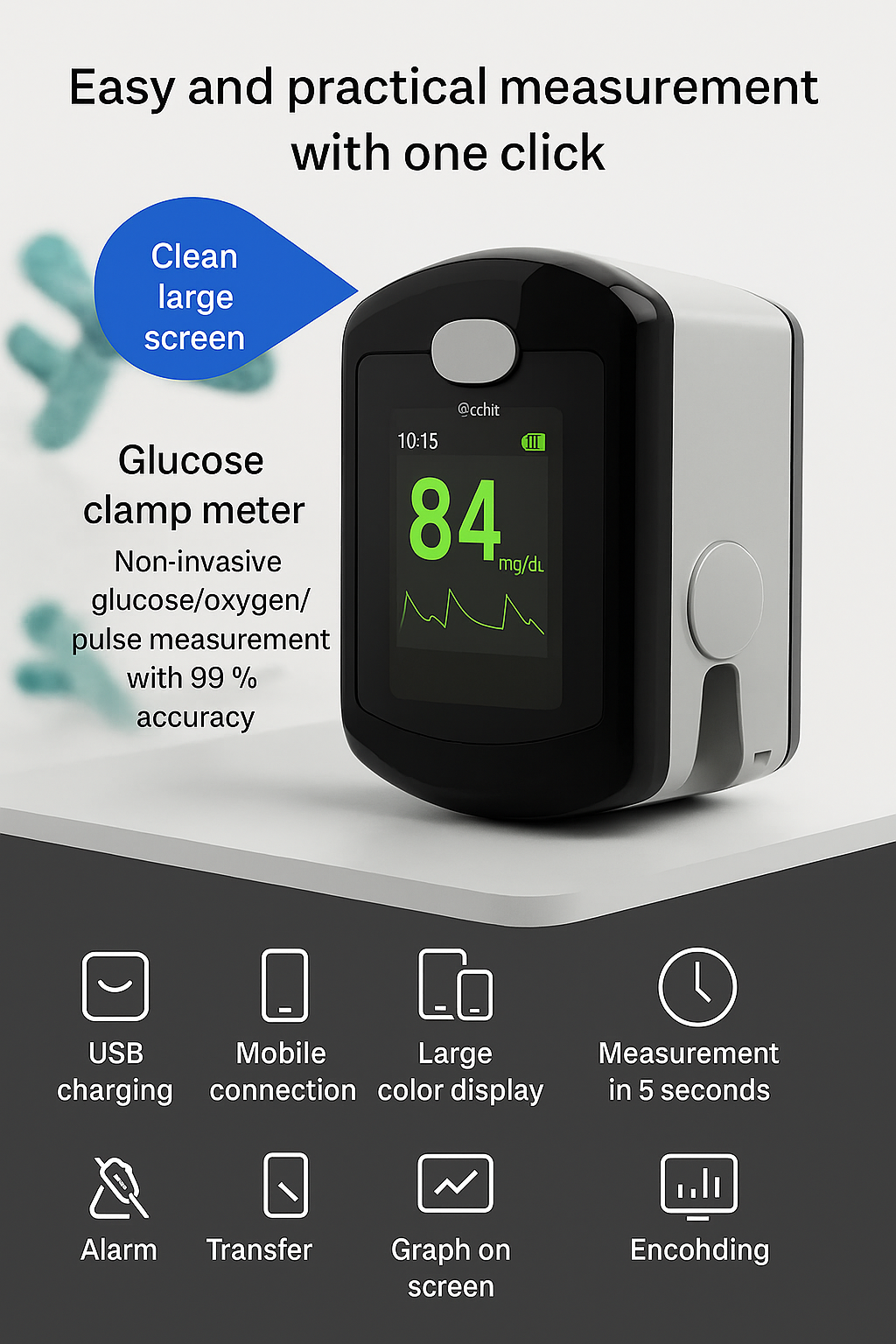 Blood Glucose Monitor Glucometer Non Invasive Fingertip Portable Digital Screen