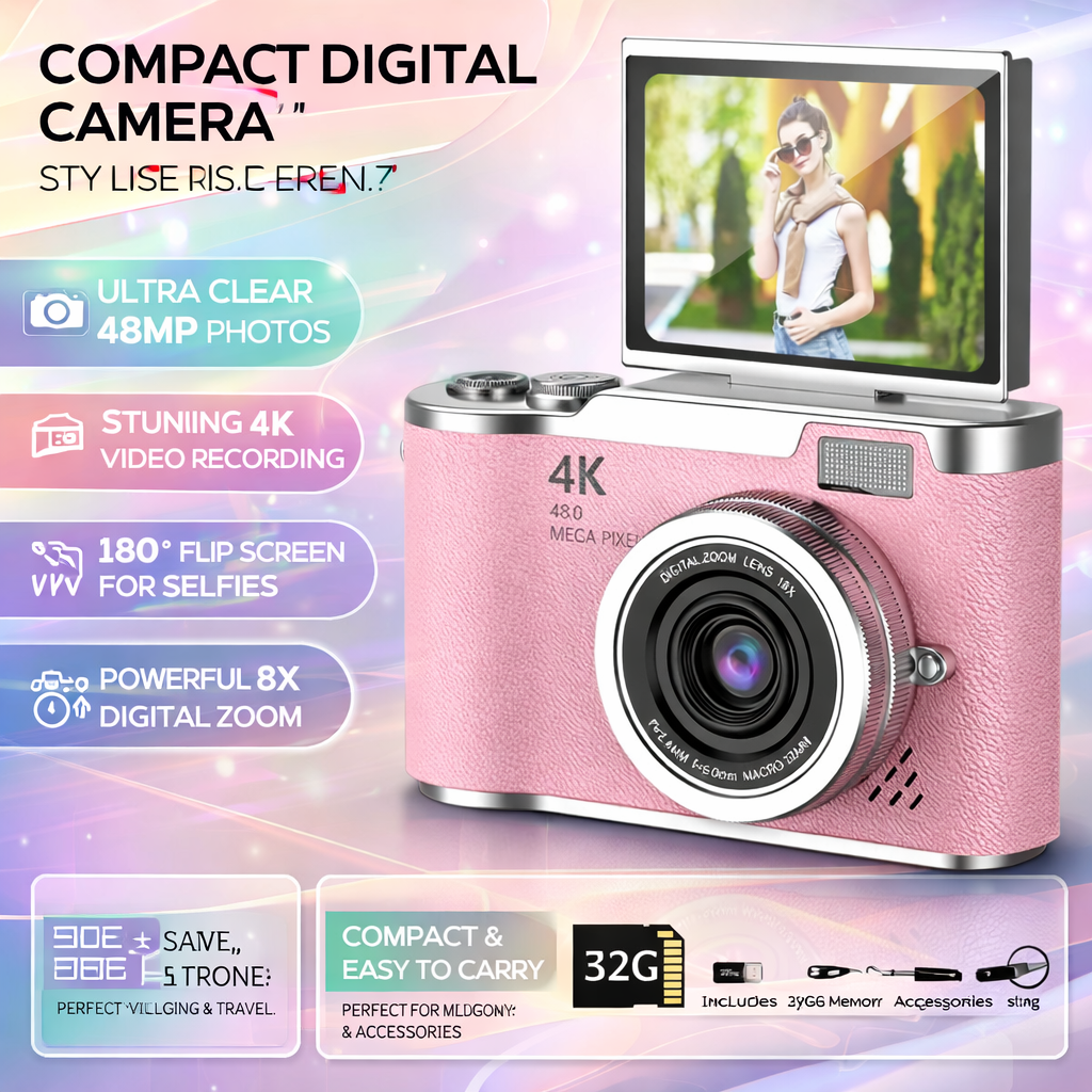 Compact 4K Vlogging Digital Camera with 180° Flip Screen and 32gb Memory Card Selfie