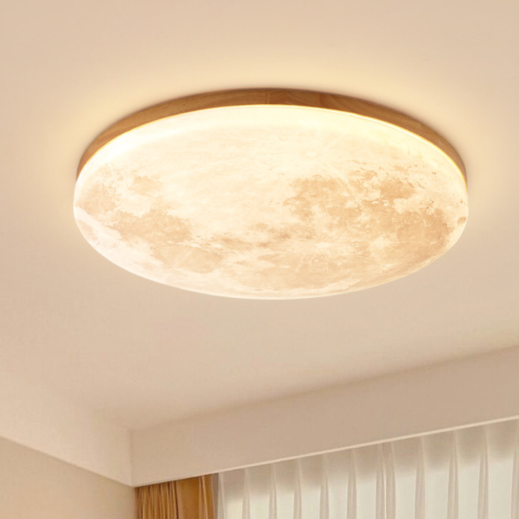 Flush Mount Ceiling Light with Moon Surface Texture and Wooden Frame