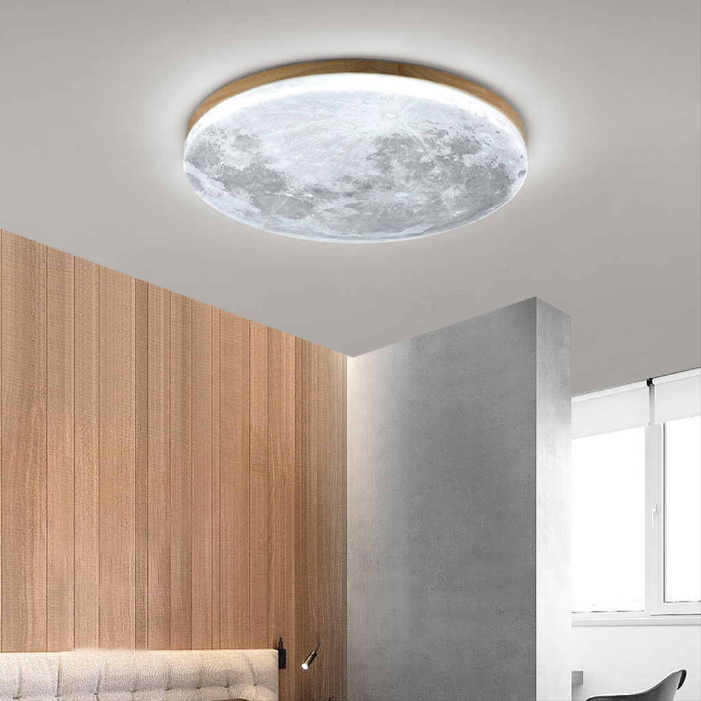 Flush Mount Ceiling Light with Moon Surface Texture and Wooden Frame