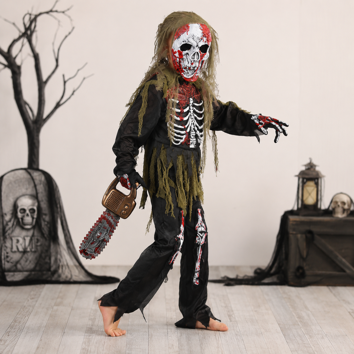 Halloween Zombie Skeleton Costume Outfit with Mask and Gloves