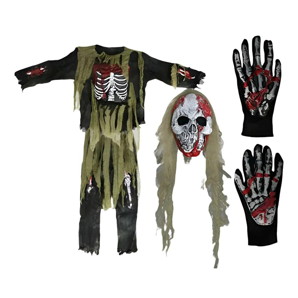 Halloween Zombie Skeleton Costume Outfit with Mask and Gloves