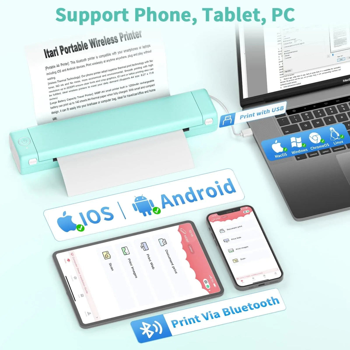 Portable Thermal Printer Wireless Bluetooth A4 Compact Travel USB Mobile