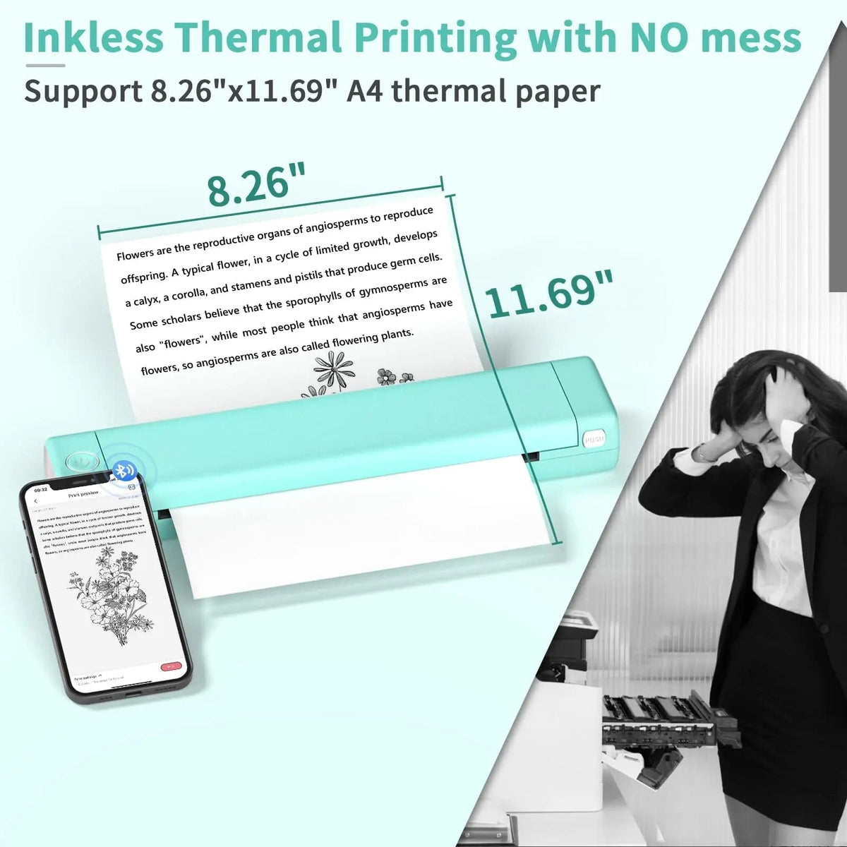 Portable Thermal Printer Wireless Bluetooth A4 Compact Travel USB Mobile