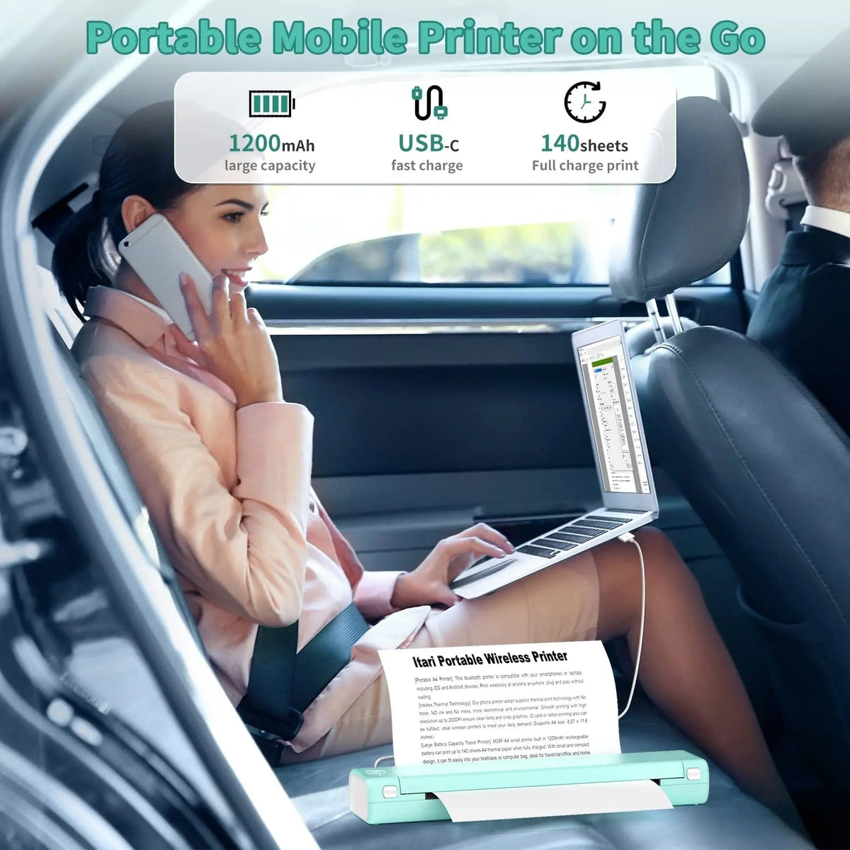 Portable Thermal Printer Wireless Bluetooth A4 Compact Travel USB Mobile