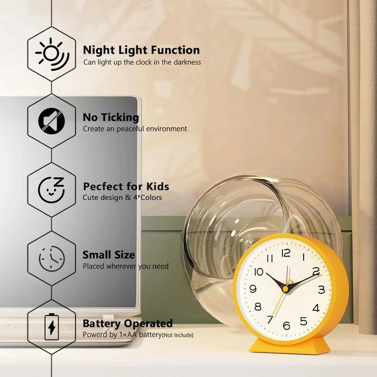 Retro Analog Alarm Clock with Battery Operation Non-Ticking Quartz Movement and Backlight